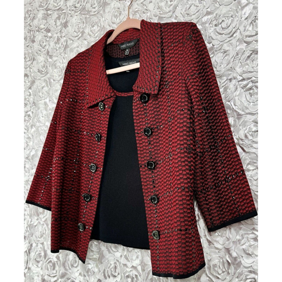 Ming Wang 2 Piece Set Womens Medium Red And Black Studded Tank Jacket Set Knit - Picture 2 of 14